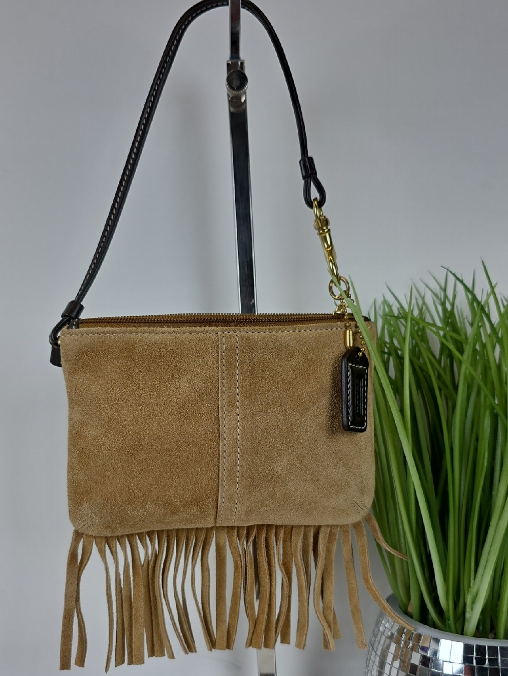 Coach Suede Tan Dark Brown Leather Frindge Wristlet Bag with Gold Hardware